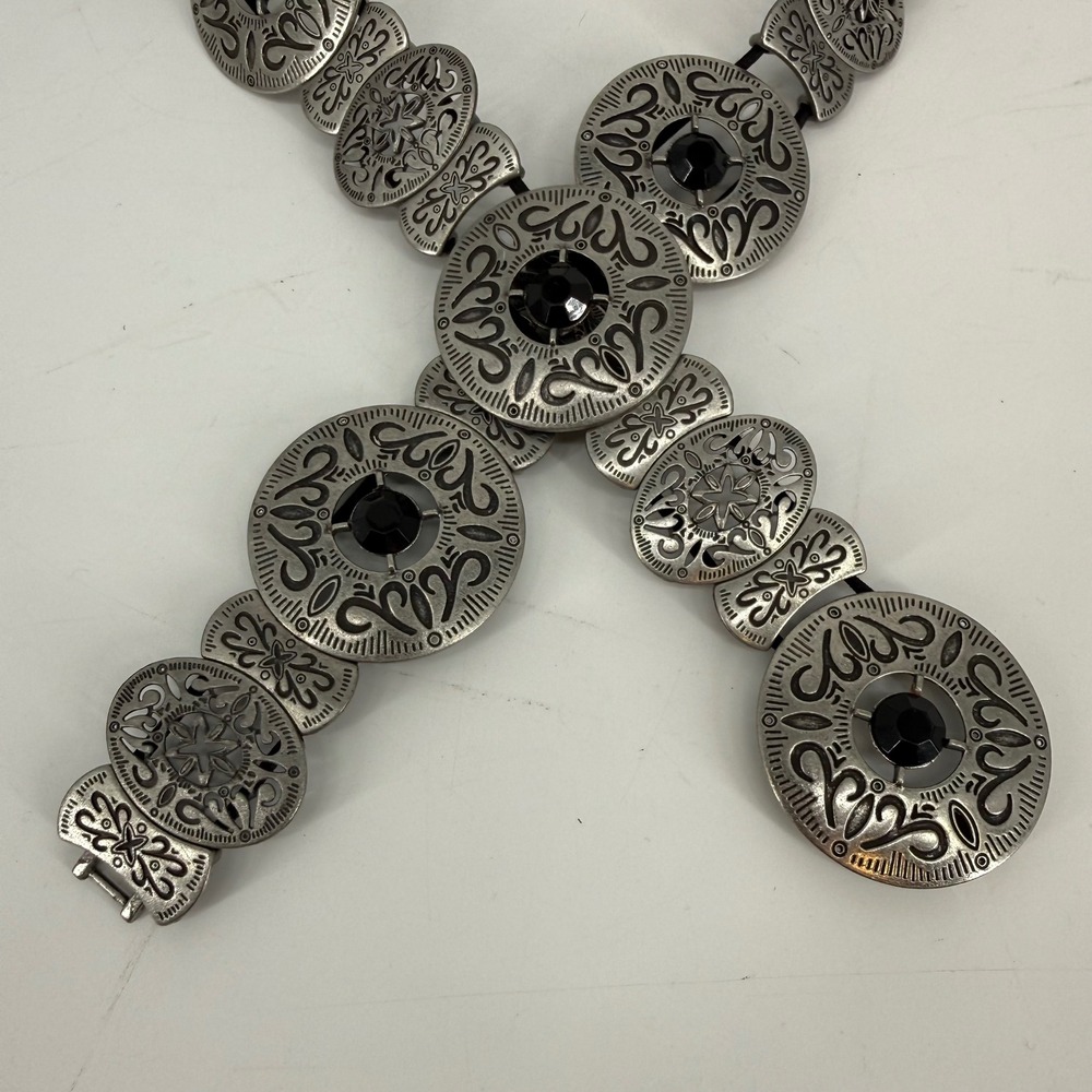Vintage Y2K Silver Tone Concho Belt Black Rhinestone Boho Western Festival 37" - Picture 5 of 9
